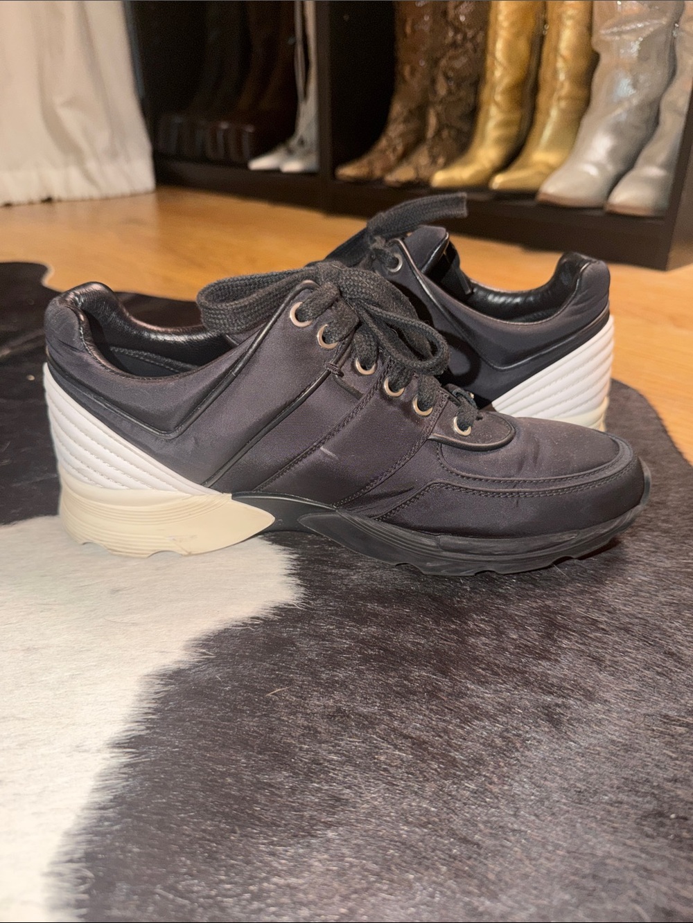 CHANEL 2017 Interlocking CC Logo Athletic Black Nylon with Leather Trim Sneakers - Picture 8 of 11
